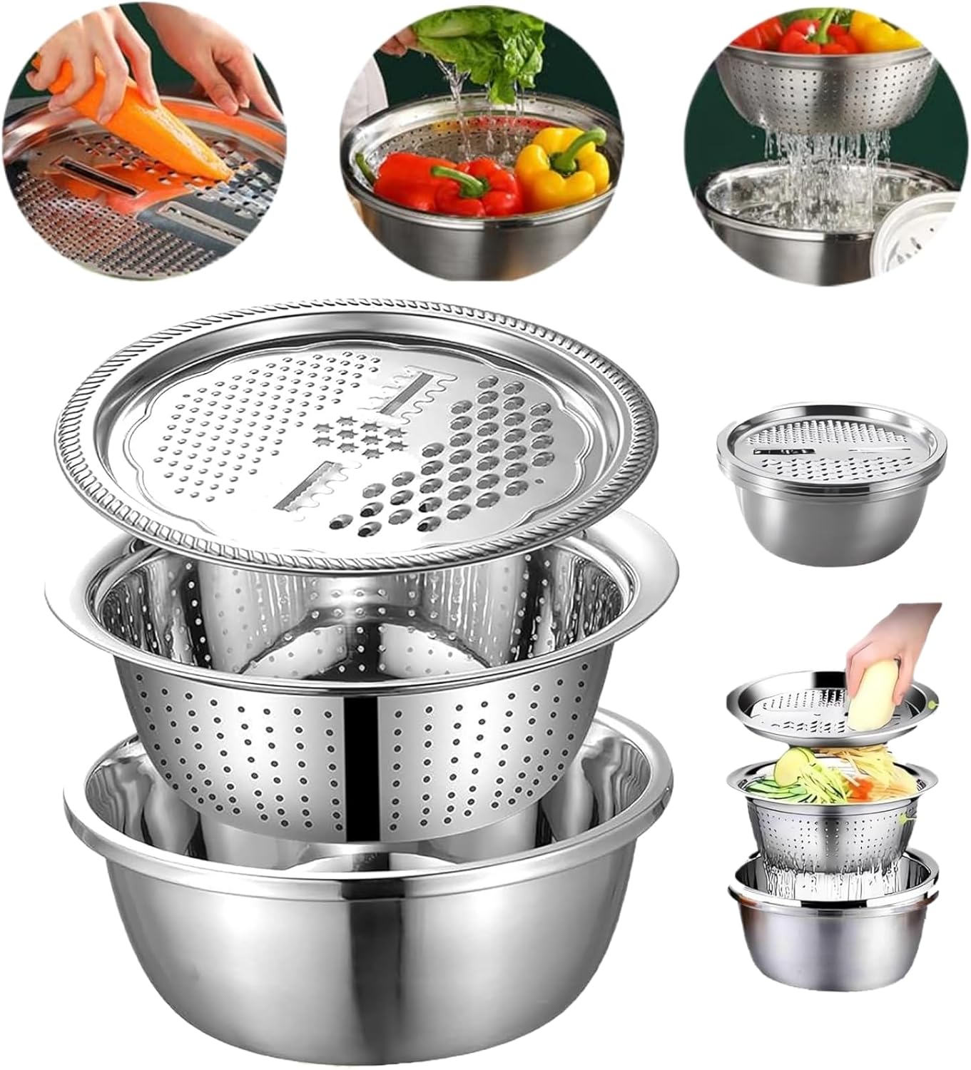 3-in-1 Stainless Steel Basin with Grater, Slicer & Salad Maker Bowl